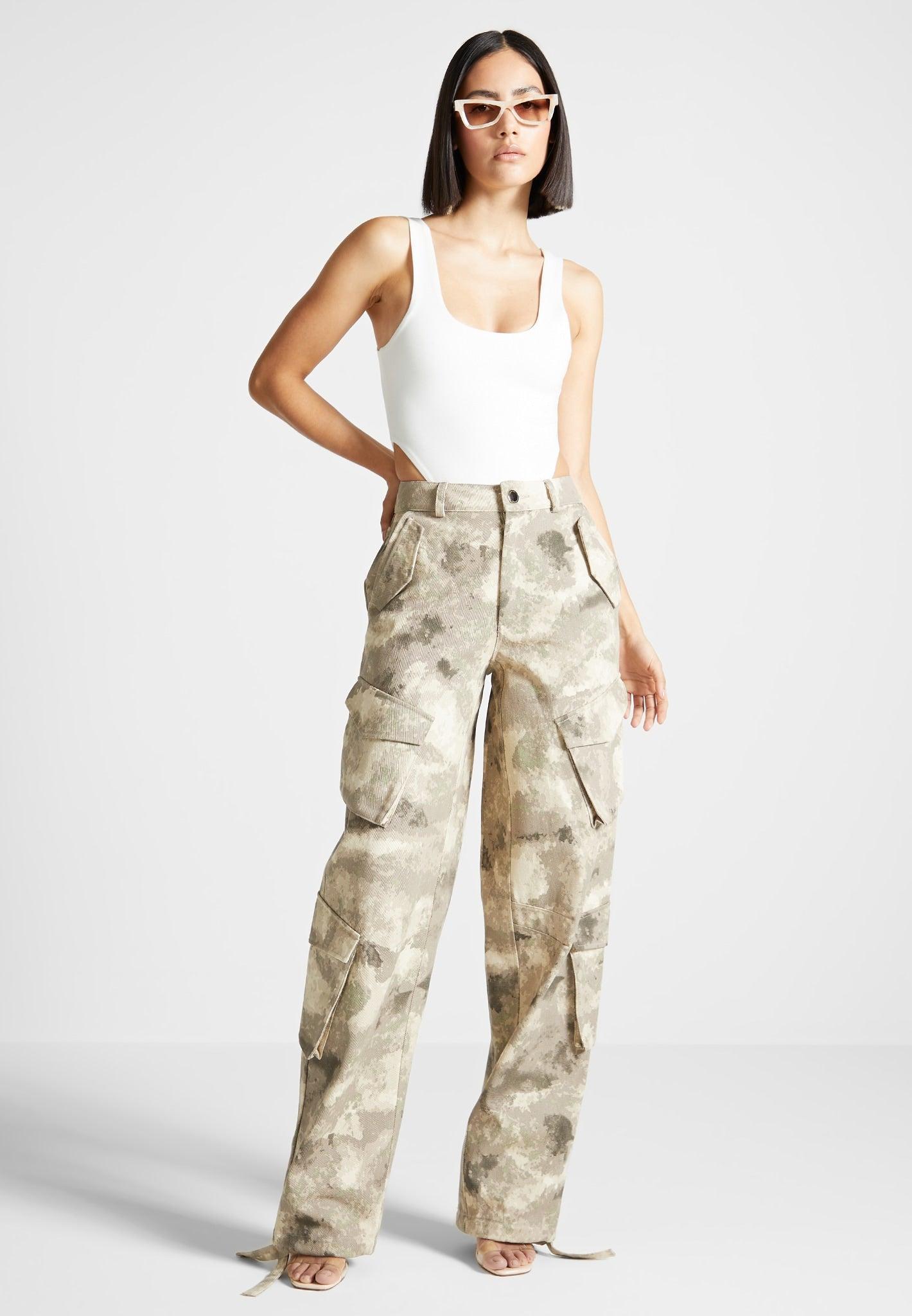 High Waisted Camo Cargo Pants - Beige Female Product Image