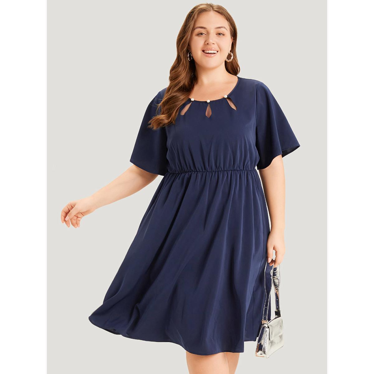 Plus Size Solid Cut Out Pocket Pearl Beaded Detail Dress Navy Women Office Plain Round Neck Short sleeve Curvy Midi Dress BloomChic 12/L Product Image