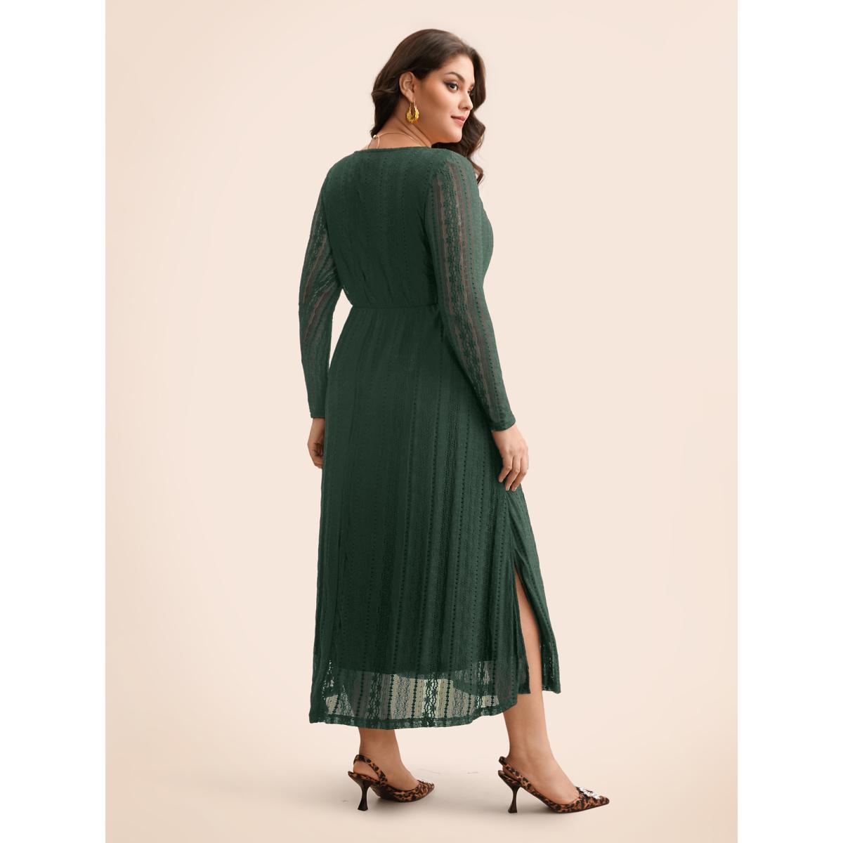 Plus Size Lace Panel Square Neck Tie Knot Dress DarkGreen Women Elegant Tie knot Square Neck Long Sleeve Curvy BloomChic 28/5X Product Image