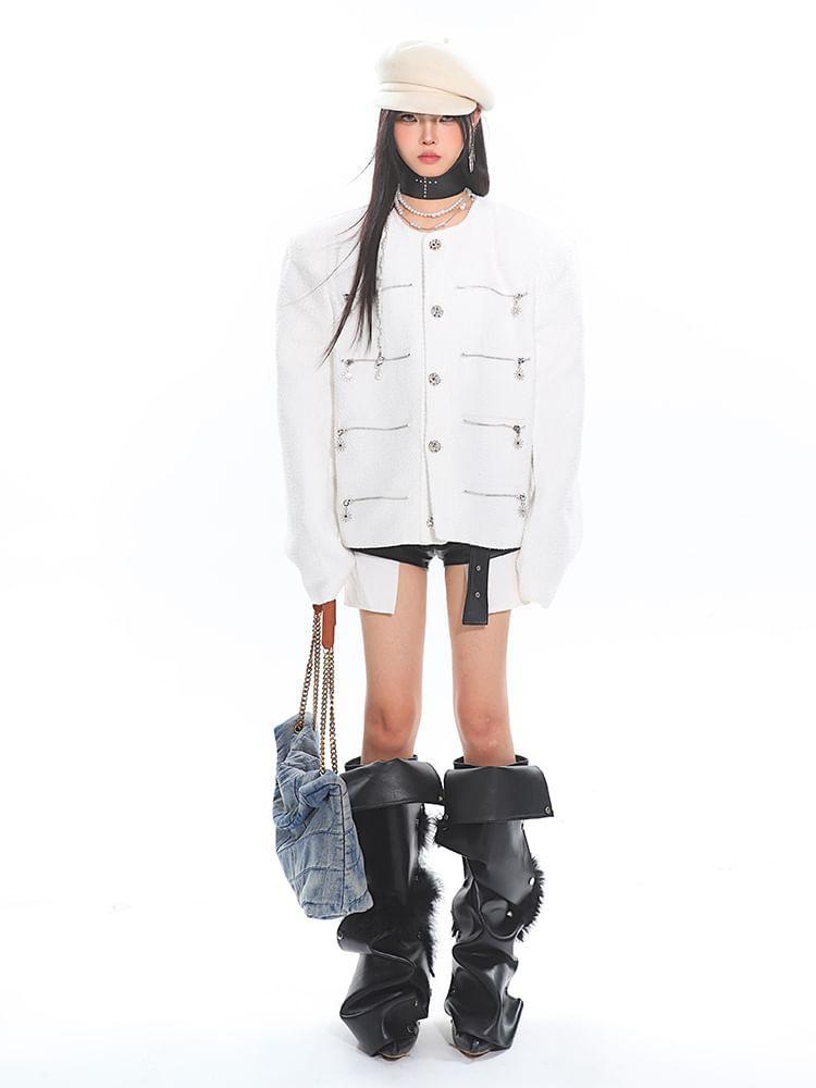 Round Neck Plain Multi-Zip Button Jacket Product Image