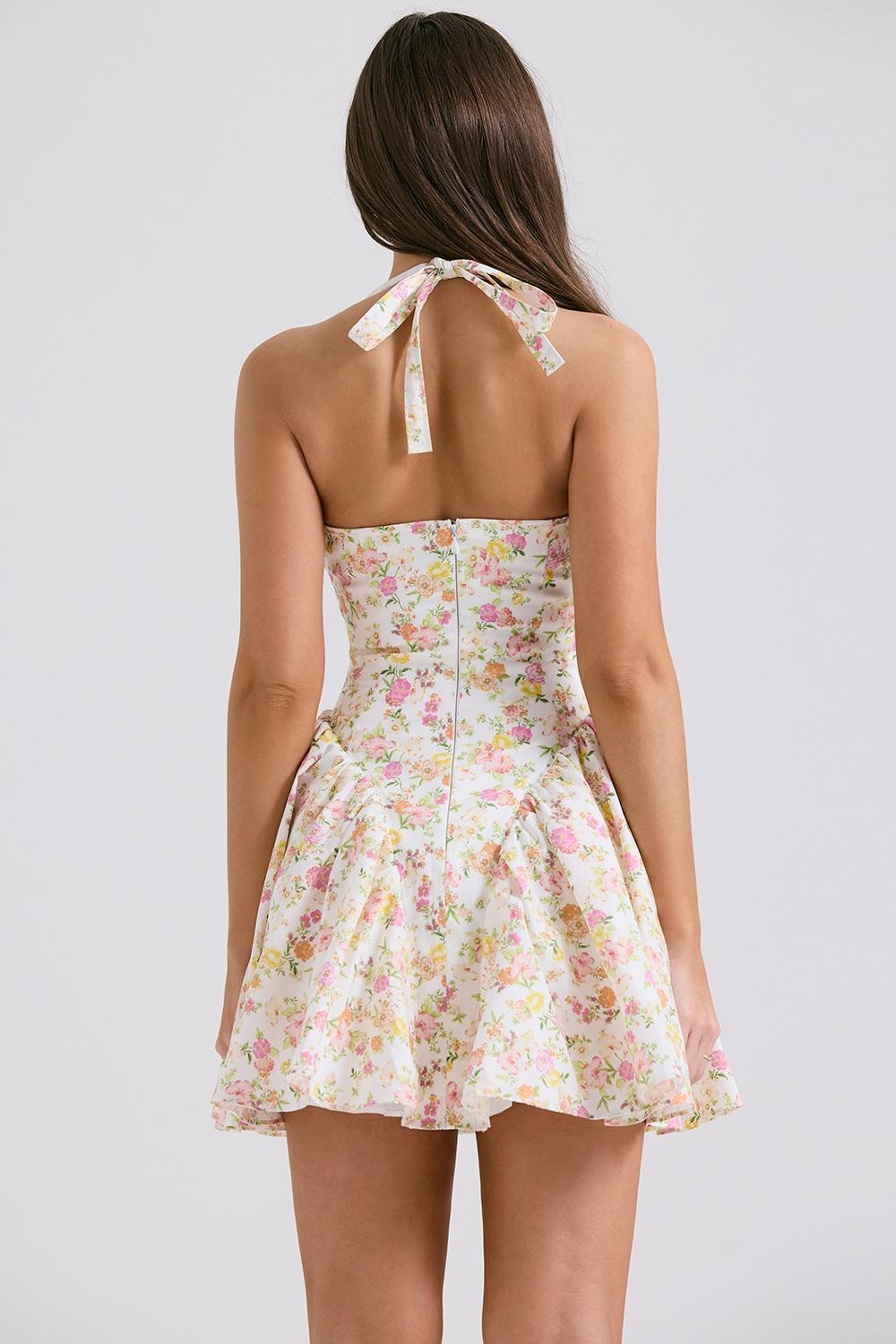 Valentia Ivory Meadow Print Cotton Halter Mini Dress Product Image