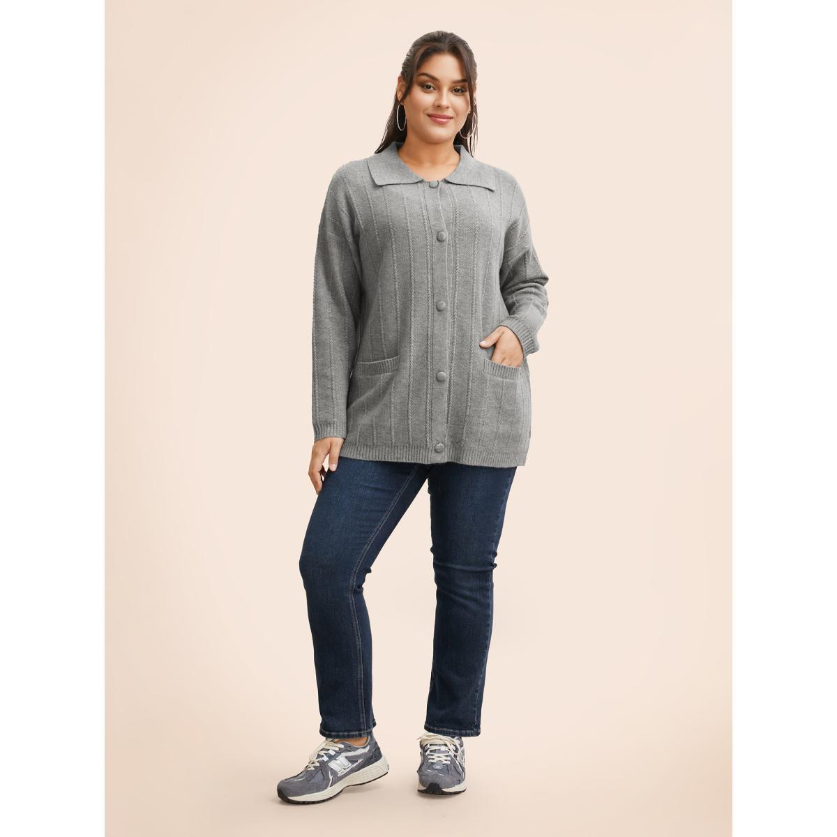 Plus Size Plain Textured Polo Neck Pocket Cardigan Mediumgray Women Casual Loose Long Sleeve Everyday Cardigans BloomChic 18-20/2X Product Image