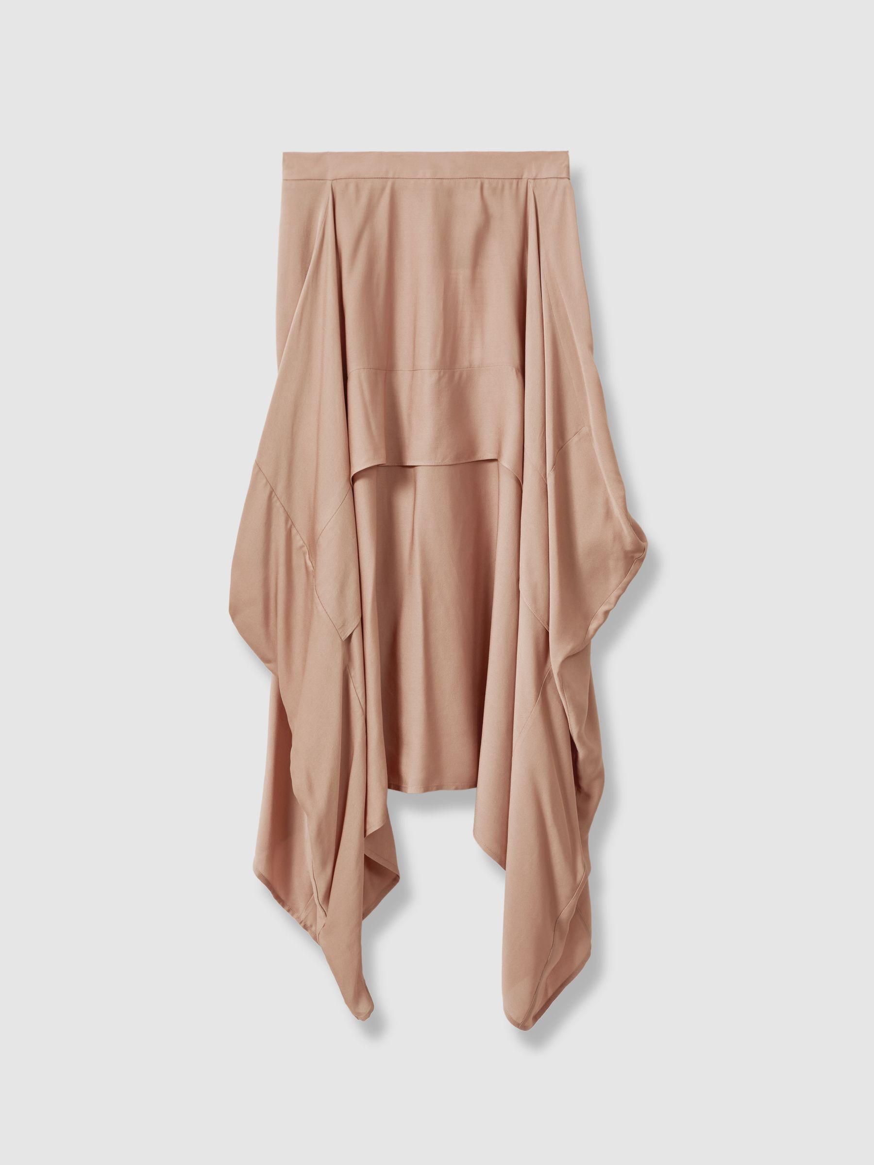 Side Pleat Asymmetric Midi Skirt in Nude Product Image