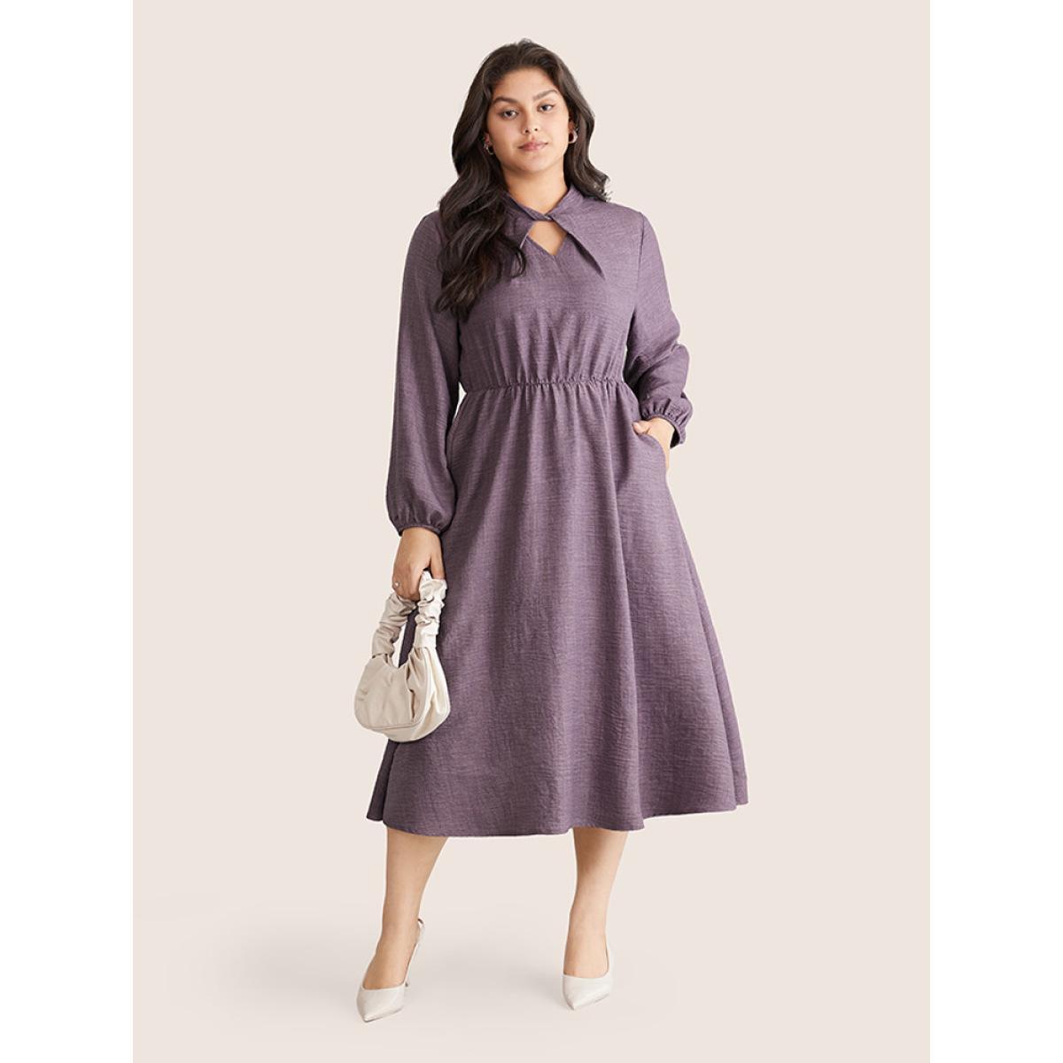 Plus Size Static-Free Elastic Waist Twist Neck Lantern Sleeve Dress Mauve Women Office Elastic cuffs Keyhole Cut-Out Long Sleeve Curvy Midi Dress BloomChic 26/4X Product Image