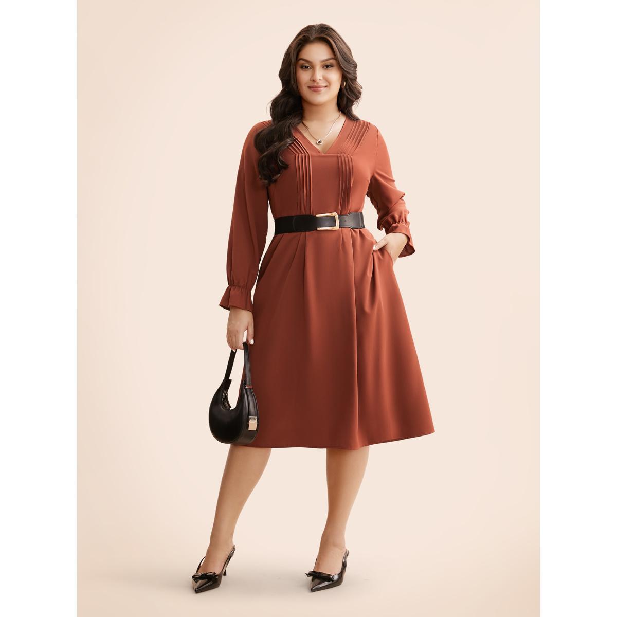 Plus Size V Neck Pleated Lantern Sleeve Dress Rust Women At the Office Tucked seam V-neck Long Sleeve Curvy BloomChic 10/M Product Image