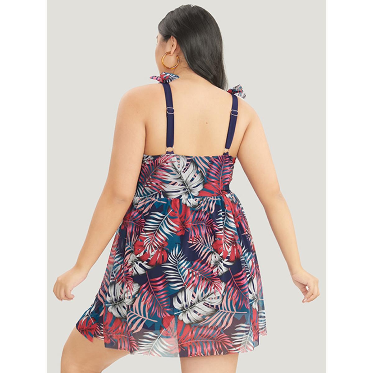 Plus Size Tropical Print Bow Sculpt Waist Split Swim Dress Women's Swimwear Red Vacation Bodycon V-neck High stretch Curve Swim Dresses BloomChic 10/M Product Image