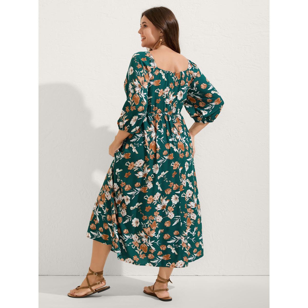 Plus Size Rayon Floral Shirred Stretchy Waist Midi Dress Cyan Women Square Neck Elbow-length sleeve Curvy BloomChic 28/5X Product Image