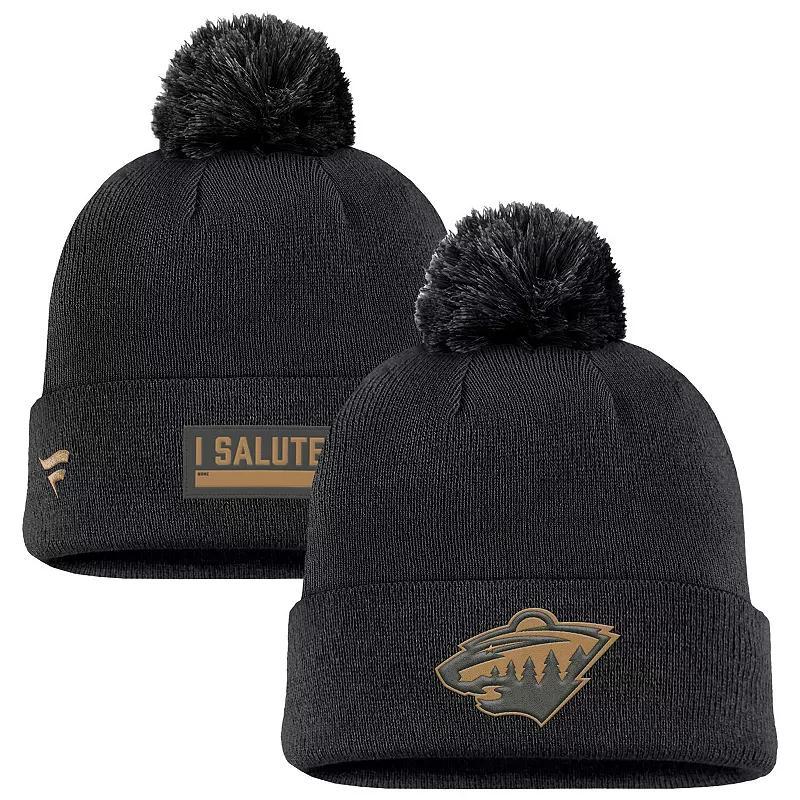 Men's Fanatics Black Minnesota Wild Military Appreciation Cuffed Knit Hat with Pom Product Image