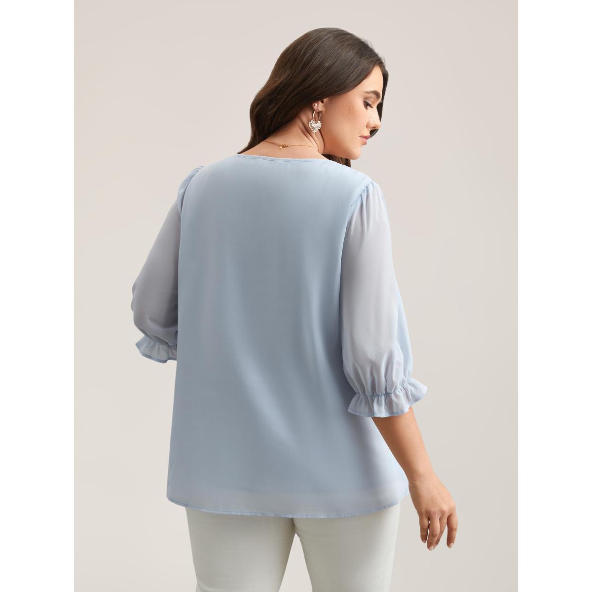 Plus Size LightBlue Chiffon Embroidery Puff Sleeve Pleated Shirt Women Elegant Elbow-length sleeve Notched collar Everyday Blouses BloomChic 26/4X Product Image