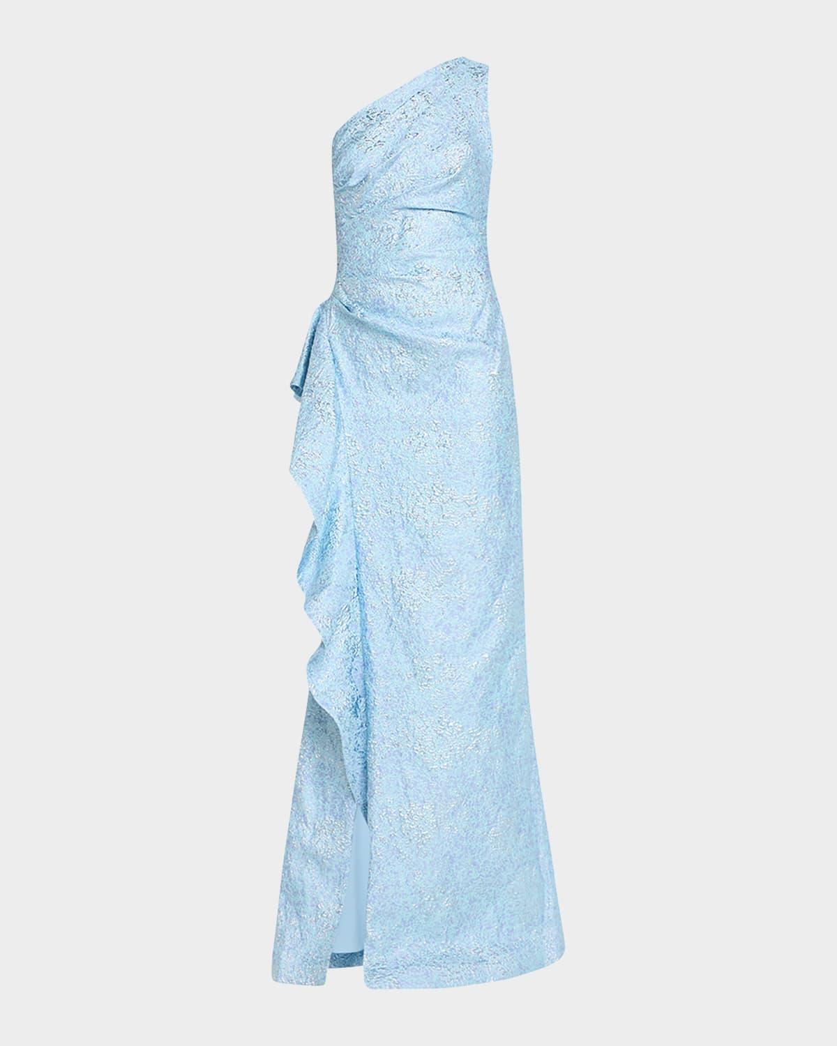 One-Shoulder Jacquard Side-Ruffle Gown Product Image