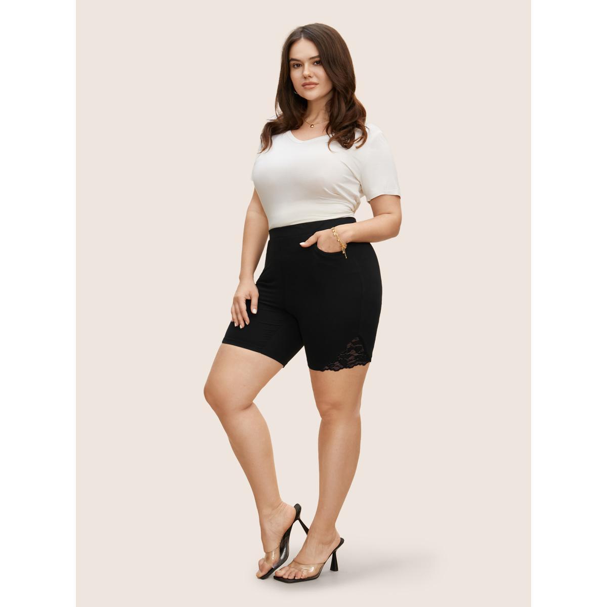 Plus Size Crochet Lace Mesh Mid Rise High Stretch Leggings Women Black Casual High stretch Skinny Mid Rise Everyday Leggings BloomChic 26/4X Product Image