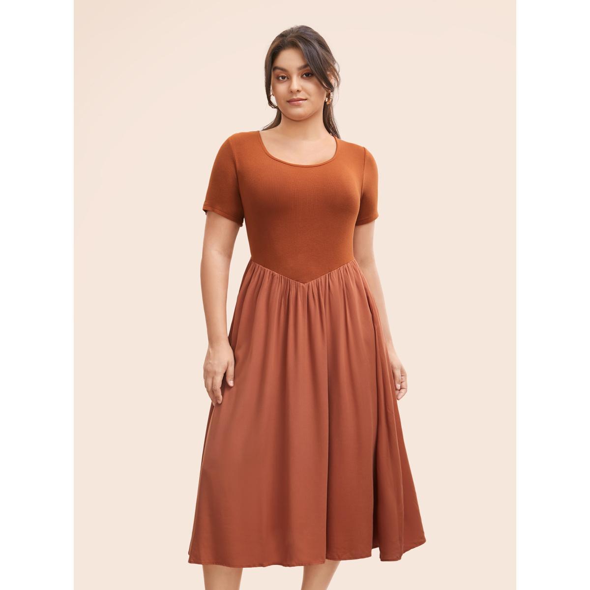 Plus Size U Neck Patchwork Midi Dress Maroon Women Elegant Patchwork U-neck Short sleeve Curvy BloomChic 14-16/1X Product Image