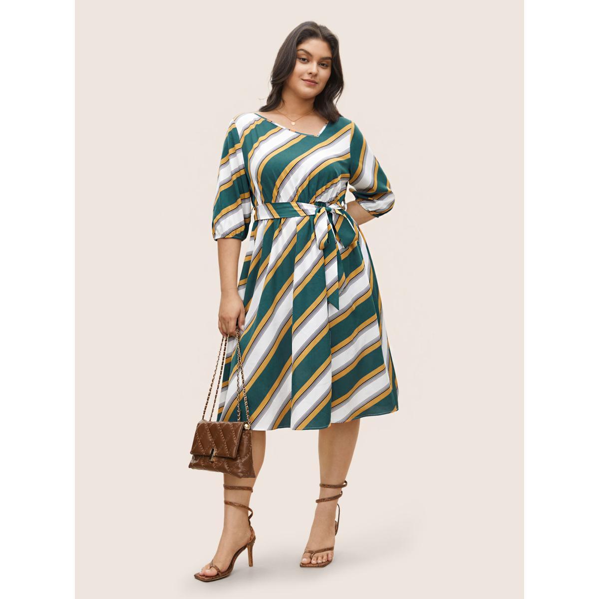 Plus Size Striped Contrast Asymmetrical Neck Belted Dress Cyan Women At the Office Non Asymmetrical Neck Elbow-length sleeve Curvy Midi Dress BloomChic 26/4X Product Image