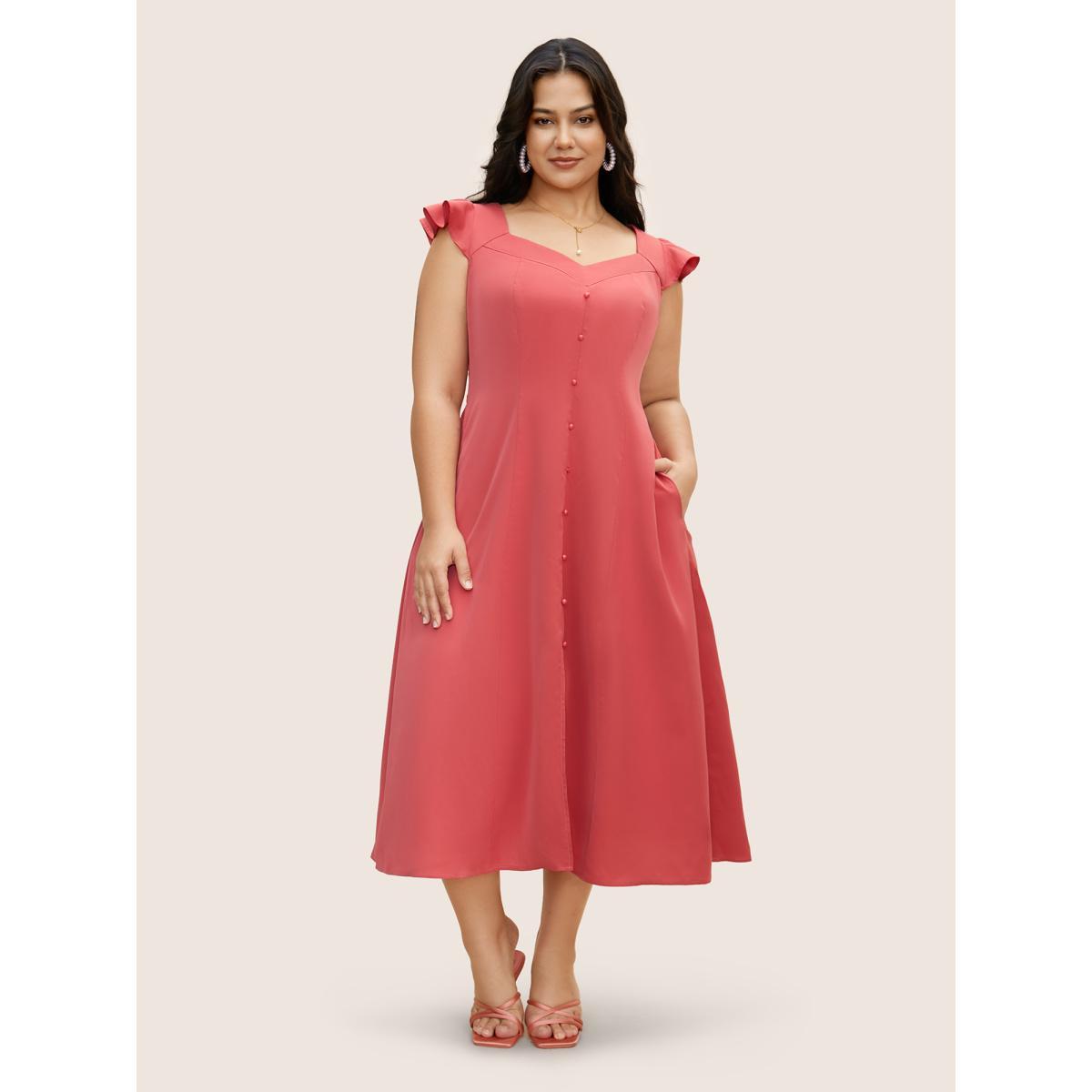 Plus Size Solid Ruffle Cap Sleeve Button Detail Midi Dress Russet Women Elegant Button Heart neckline Cap Sleeve Curvy BloomChic 30/6X Product Image