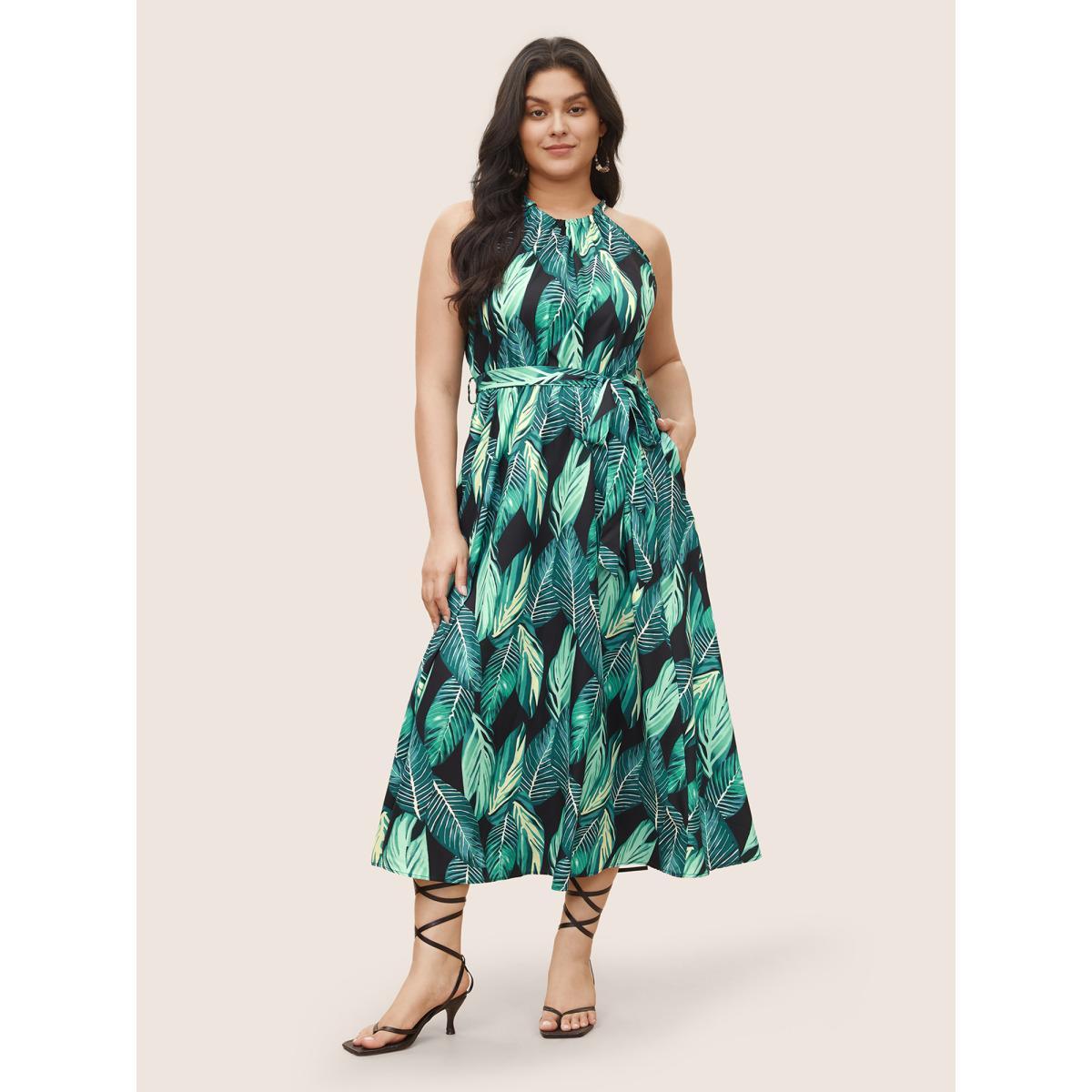 Plus Size Tropical Print Knotted Pocket Ruffles Belted Halter Dress Black Women Resort Non Halter neck Sleeveless Curvy Midi Dress BloomChic 18-20/2X Product Image