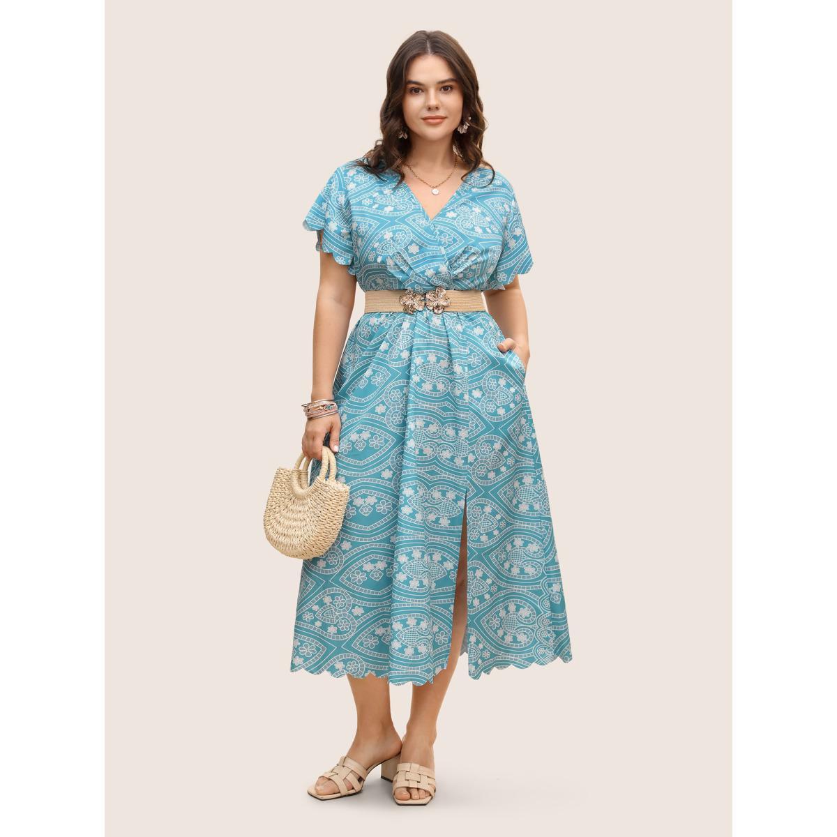 Plus Size Boho Print Scalloped Trim Split Front Dress Teal Women Resort Ruffles V-neck Cap Sleeve Curvy BloomChic 18-20/2X Product Image