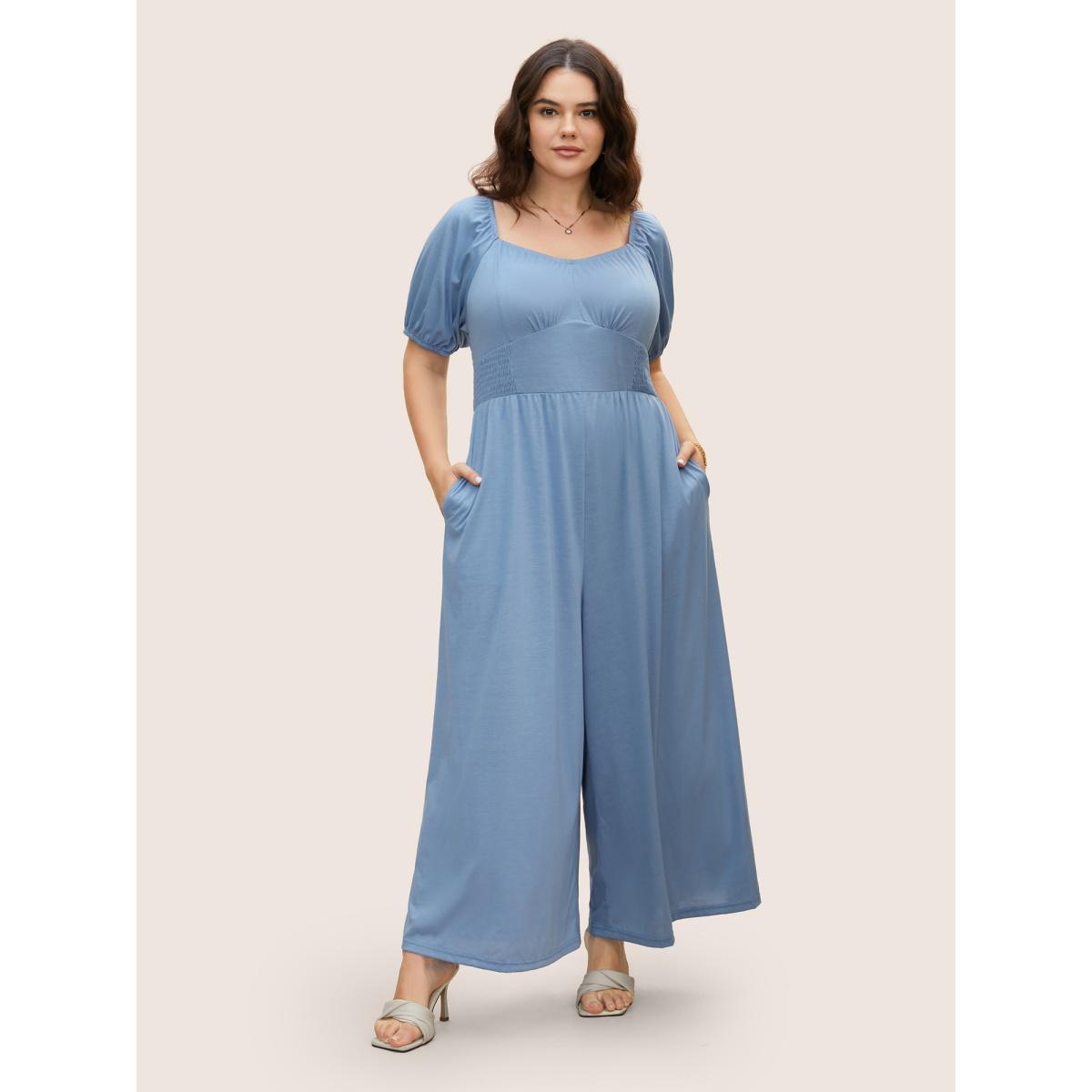 Plus Size Stone Heart Neckline Shirred Gathered Wide Leg Jumpsuit Women Elegant Short sleeve Heart neckline Everyday Loose Jumpsuits BloomChic 10/M Product Image