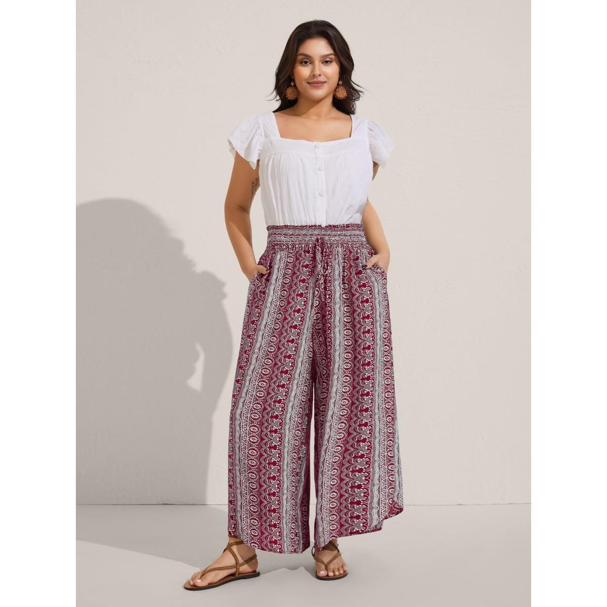 Plus Size Boho Print Shirred Waist Wide-Leg Pants Women Burgundy Resort Wide Leg Mid Rise Vacation Pants BloomChic 14-16/1X Product Image
