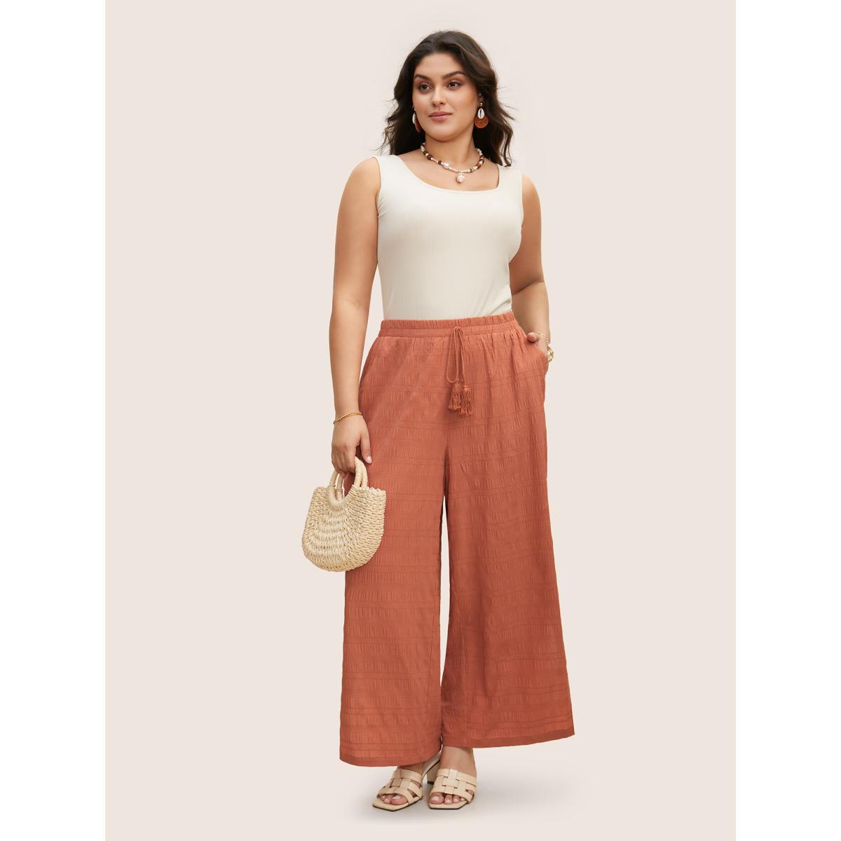 Plus Size Solid Texture Slit Hem Drawstring Pants Women Salmon Resort Wide Leg Mid Rise Vacation Pants BloomChic 22-24/3X Product Image