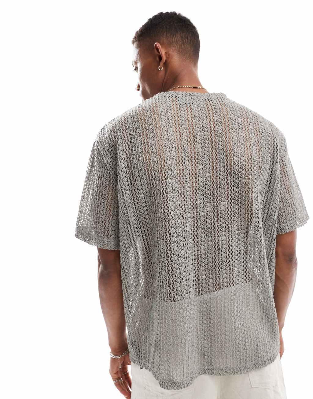 ASOS DESIGN oversized T-shirt in gray crochet Product Image
