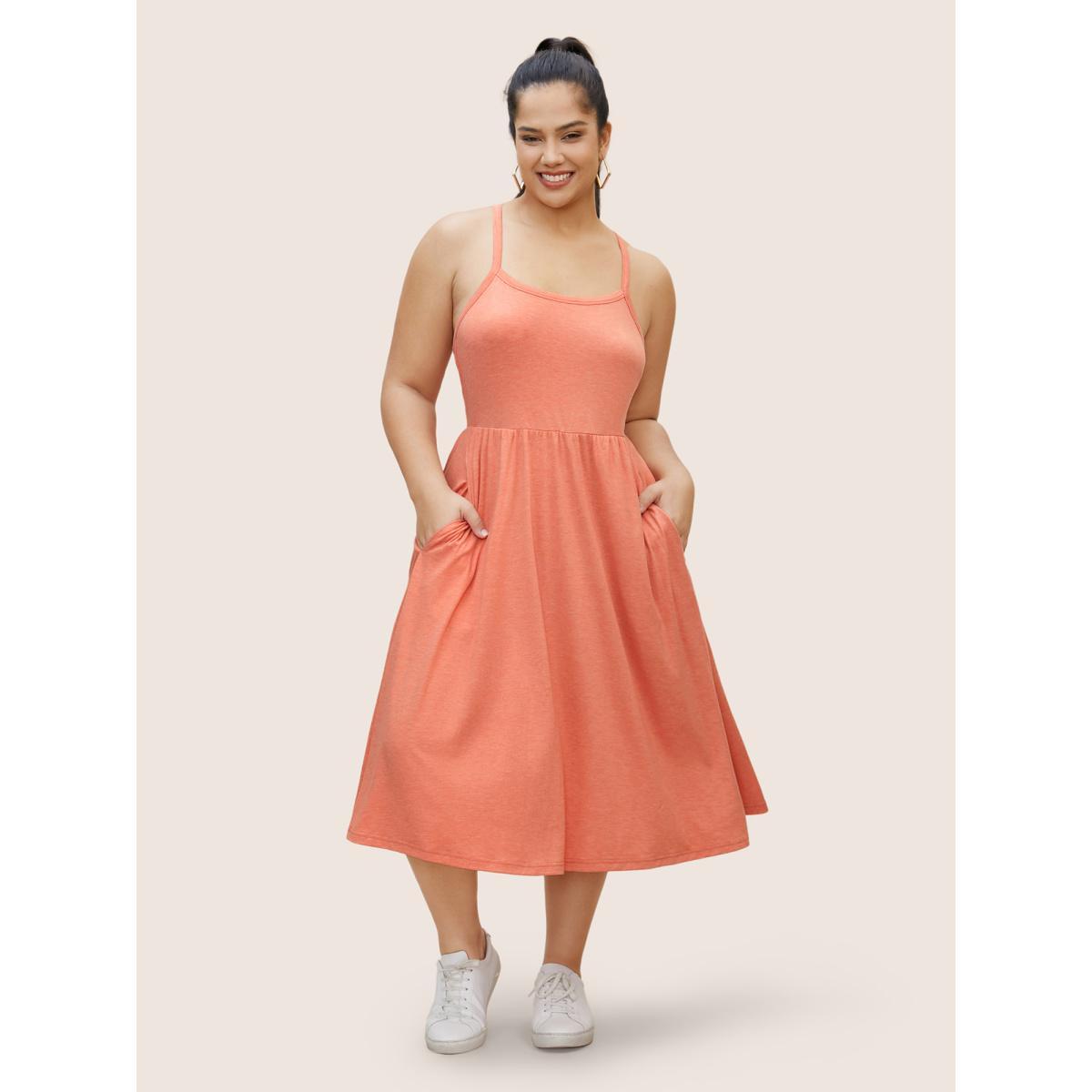 Plus Size Plain Gathered Elastic Waist Midi Cami Dress Coral Women Casual Gathered Non Sleeveless Curvy BloomChic 12/L Product Image
