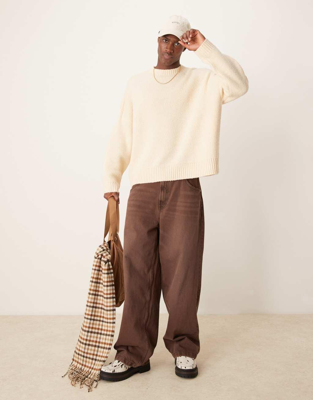 ASOS DESIGN super oversized boxy fit brushed knit crew neck sweater in oatmeal Product Image