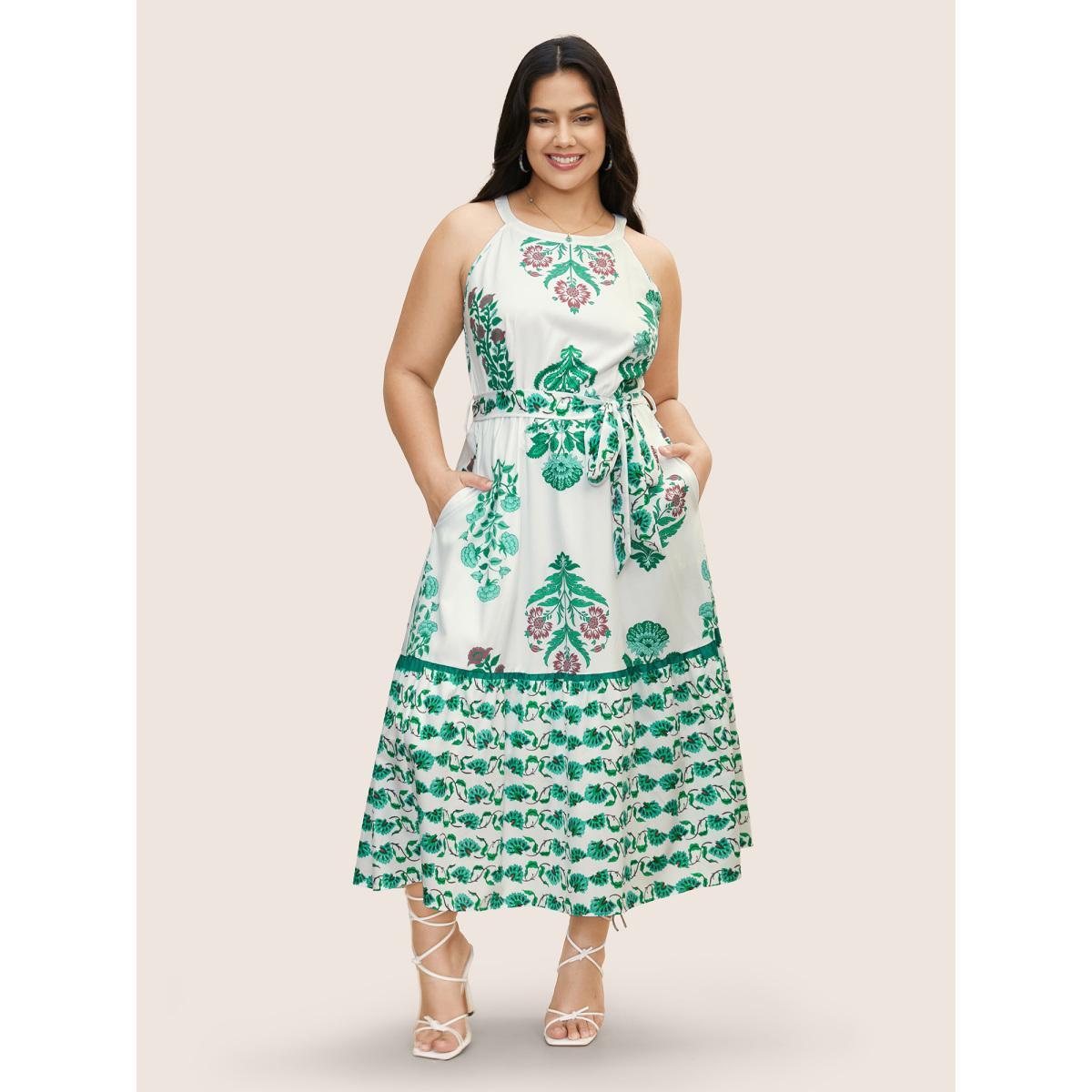 Plus Size Bandana Print Belted Sleeveless Maxi Dress Malachitegreen Women Resort Belted Round Neck Sleeveless Curvy BloomChic 18-20/2X Product Image