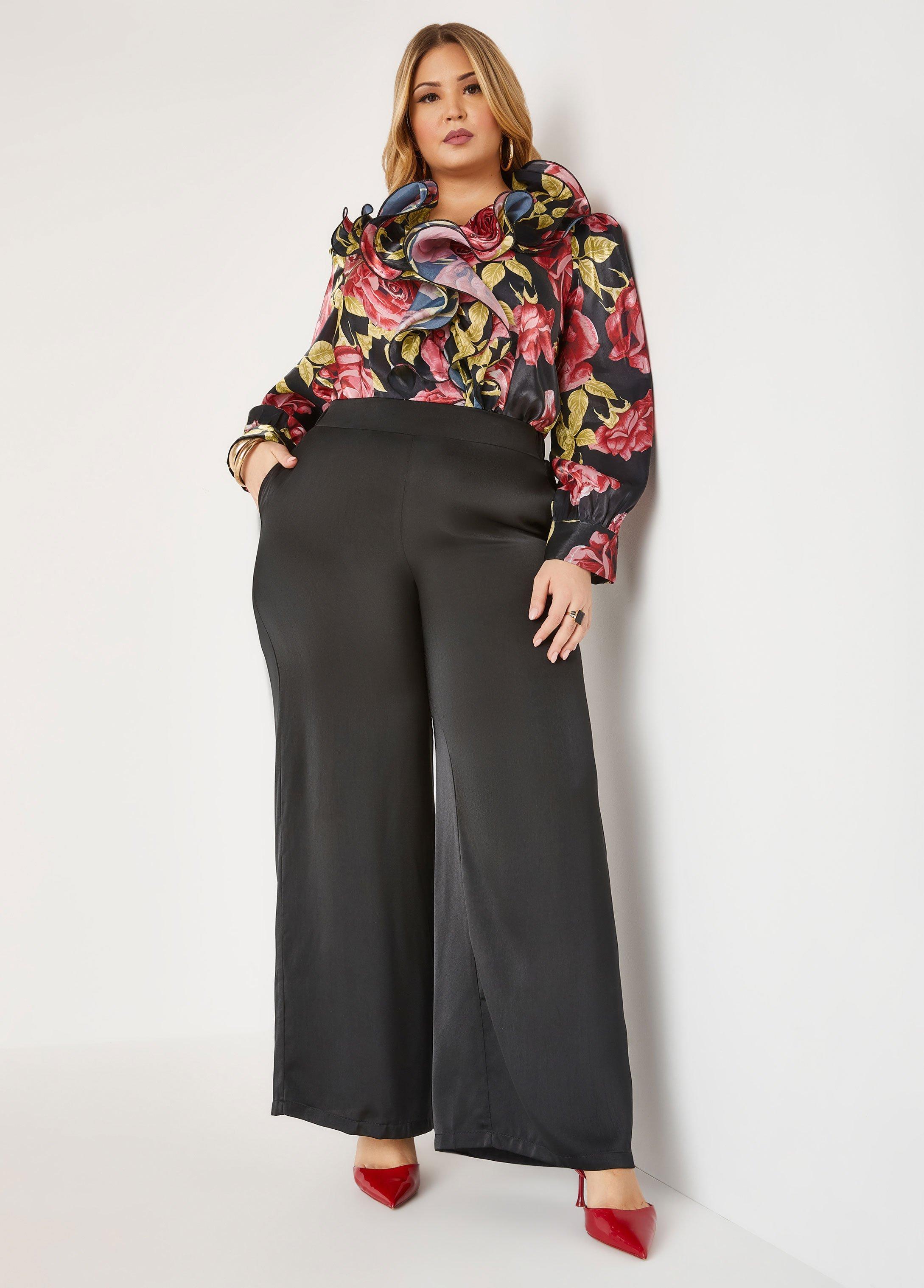 Plus Size Satin High Rise Wide Leg Pants Ashley Stewart Product Image
