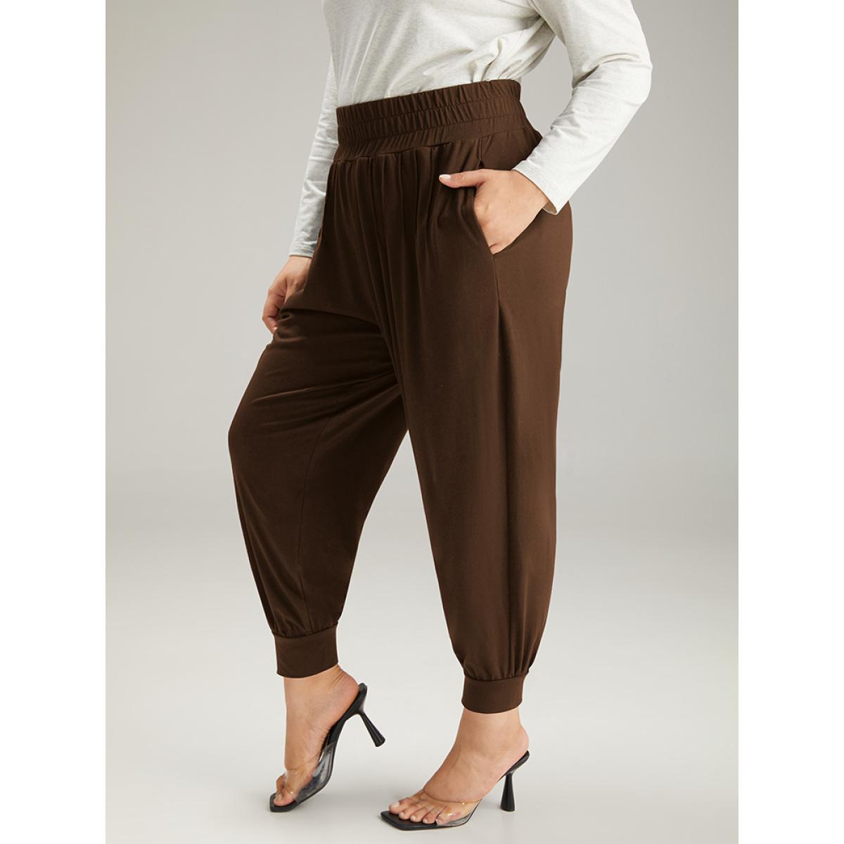 Solid Shirred Pocket Harem Sweatpants DarkBrown Plus Size Women Casual Dailywear Tummy control 22-24/3X Bloomchic Product Image