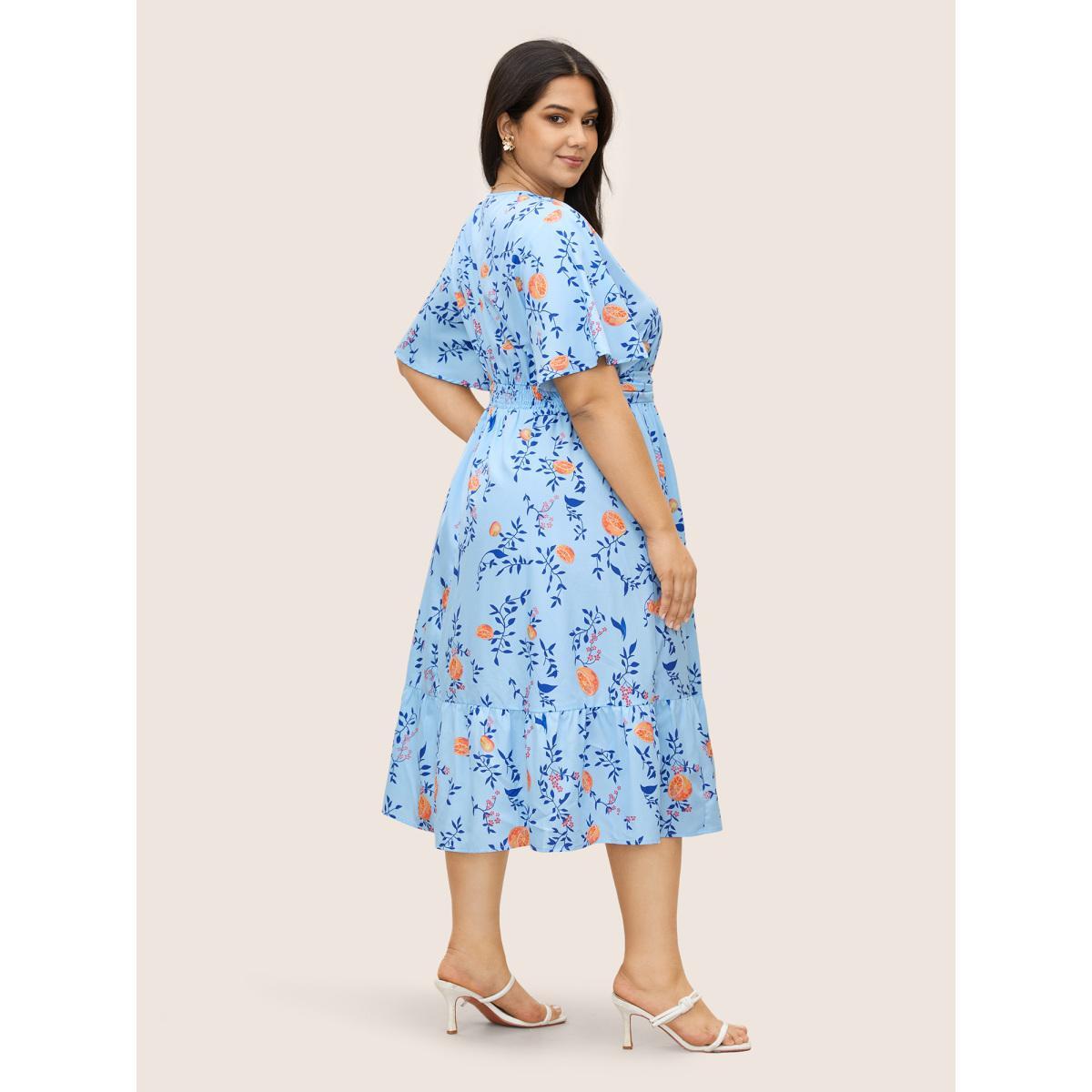 Plus Size Citrus Orange Print Ruched Ruffle Sleeve Dress LightBlue Women Elegant Gathered V-neck Short sleeve Curvy BloomChic 18-20/2X Product Image