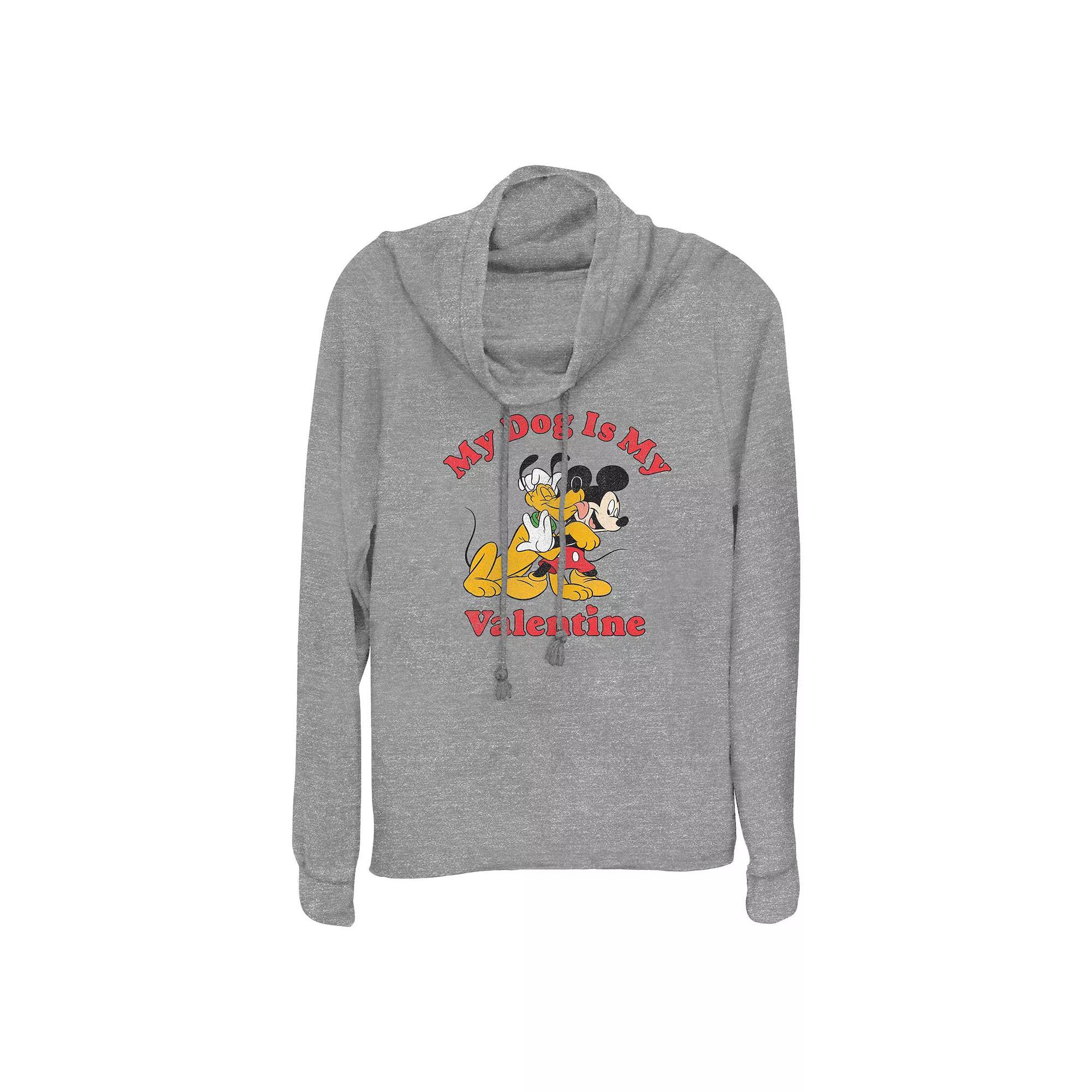 Disney's Mickey Mouse And Pluto My Dog Is My Valentine Women's Cowlneck Graphic Lightweight Long Sleeve, Size: Small, Gray Grey Product Image