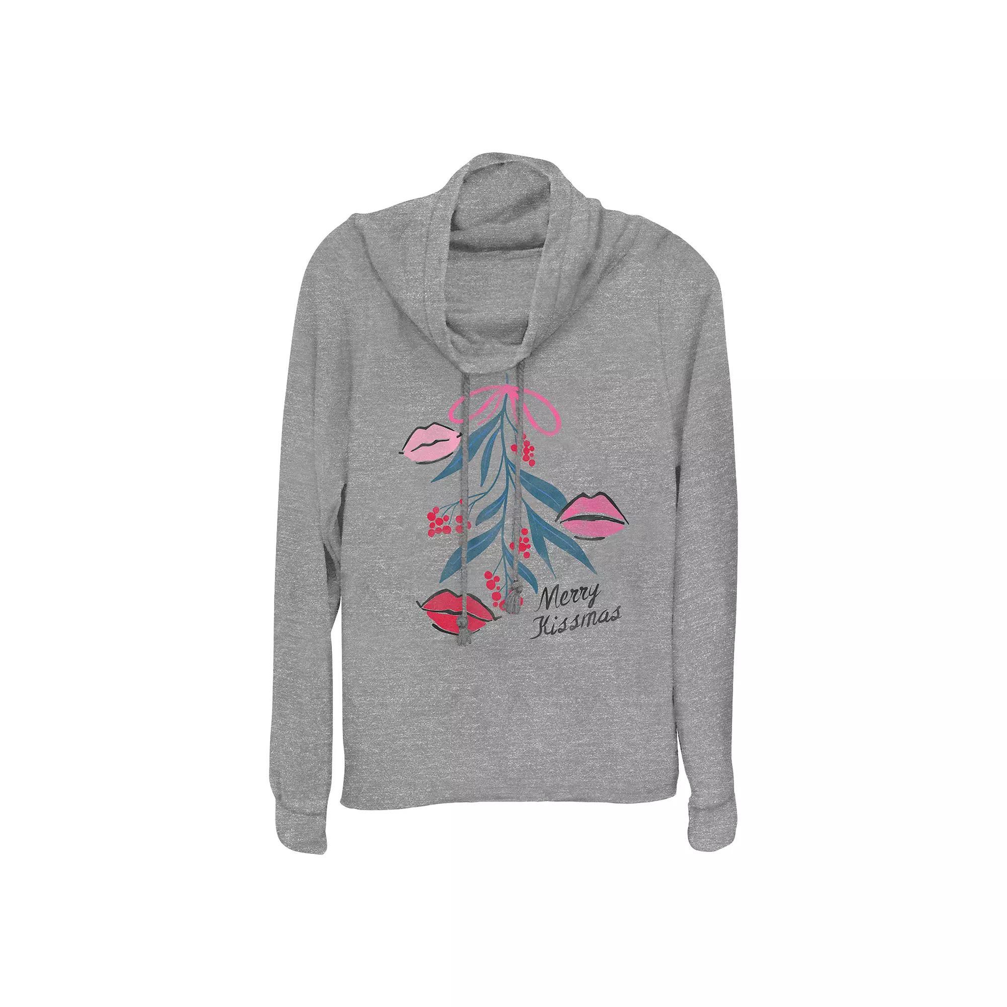 Womens Mistletoe Merry Kissmas Cowlneck Graphic Lightweight Long Sleeve Gray Grey Product Image