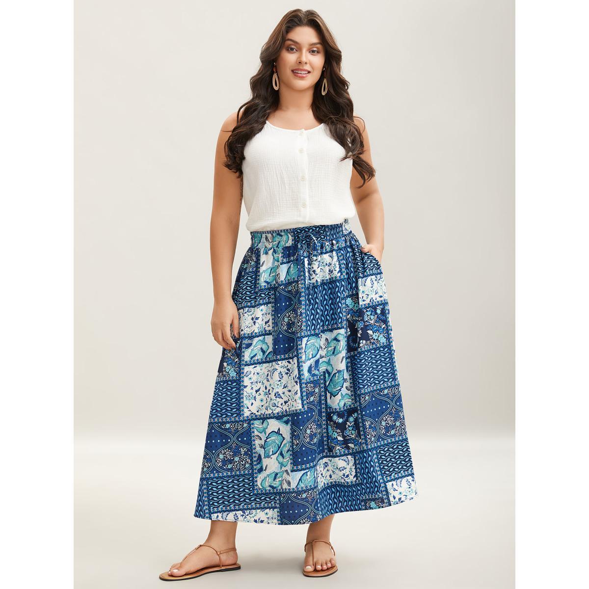 Plus Size Collage Floral Print Flared Maxi Skirt Women Mediumblue Resort Patchwork Low stretch Slanted pocket Vacation Skirts BloomChic 30/6X Product Image