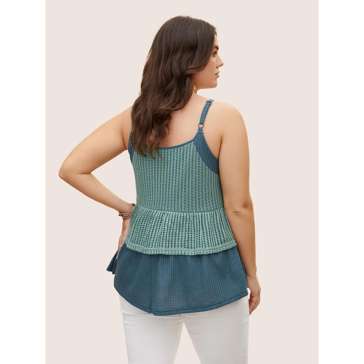 Plus Size Patchwork Contrast Waffle Knit Cami Top Women Cyan Resort Texture V-neck Vacation Tank Tops Camis BloomChic 28/5X Product Image