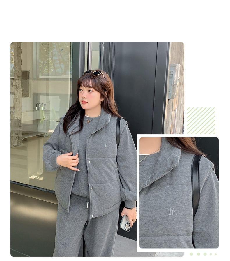 Plus Size Letter Embroidered Single-Breasted Vest / Round Neck Sweatshirt / Drawstring Waist Harem Pants / Set Product Image