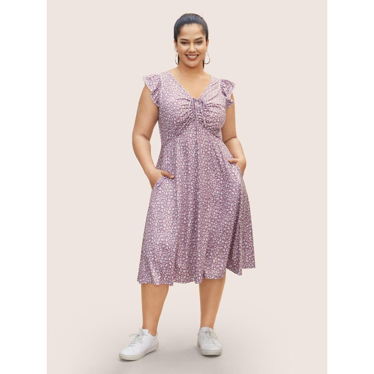 Plus Size Ditsy Floral Drawstring Ruffle Cap Sleeve Dress Mauve Women Casual Drawstring V-neck Cap Sleeve Curvy BloomChic 18-20/2X Product Image