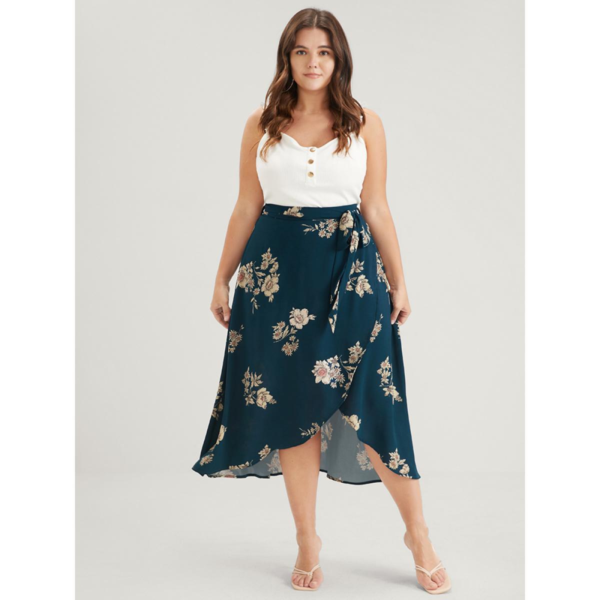 Plus Size Floral Knotted Elastic Waist Wrap Split Skirt Women Aegean Elegant Printed No stretch Belt Dailywear Skirts BloomChic 28/5X Product Image