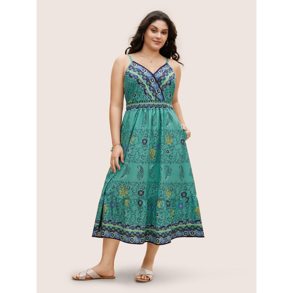 Plus Size Paisley Print Overlap Collar Shirred Cami Dress Malachitegreen Women Resort Shirred Overlap Collar Sleeveless Curvy BloomChic 14-16/1X Product Image