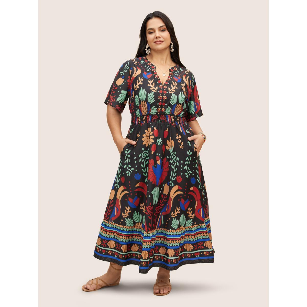 Plus Size Bandana Print Shirred Elastic Waist Flutter Sleeve Dress Black Women Resort Shirred Flat collar with V-notch Short sleeve Curvy BloomChic 10/M Product Image