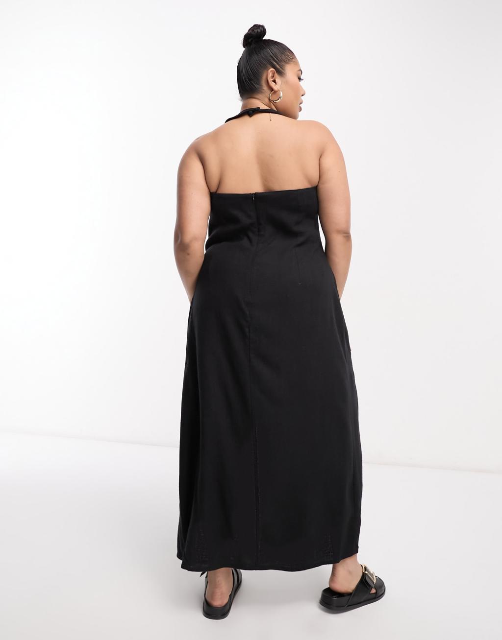 ASOS DESIGN Curve linen scoop halter maxi sundress with knot detail in black Product Image