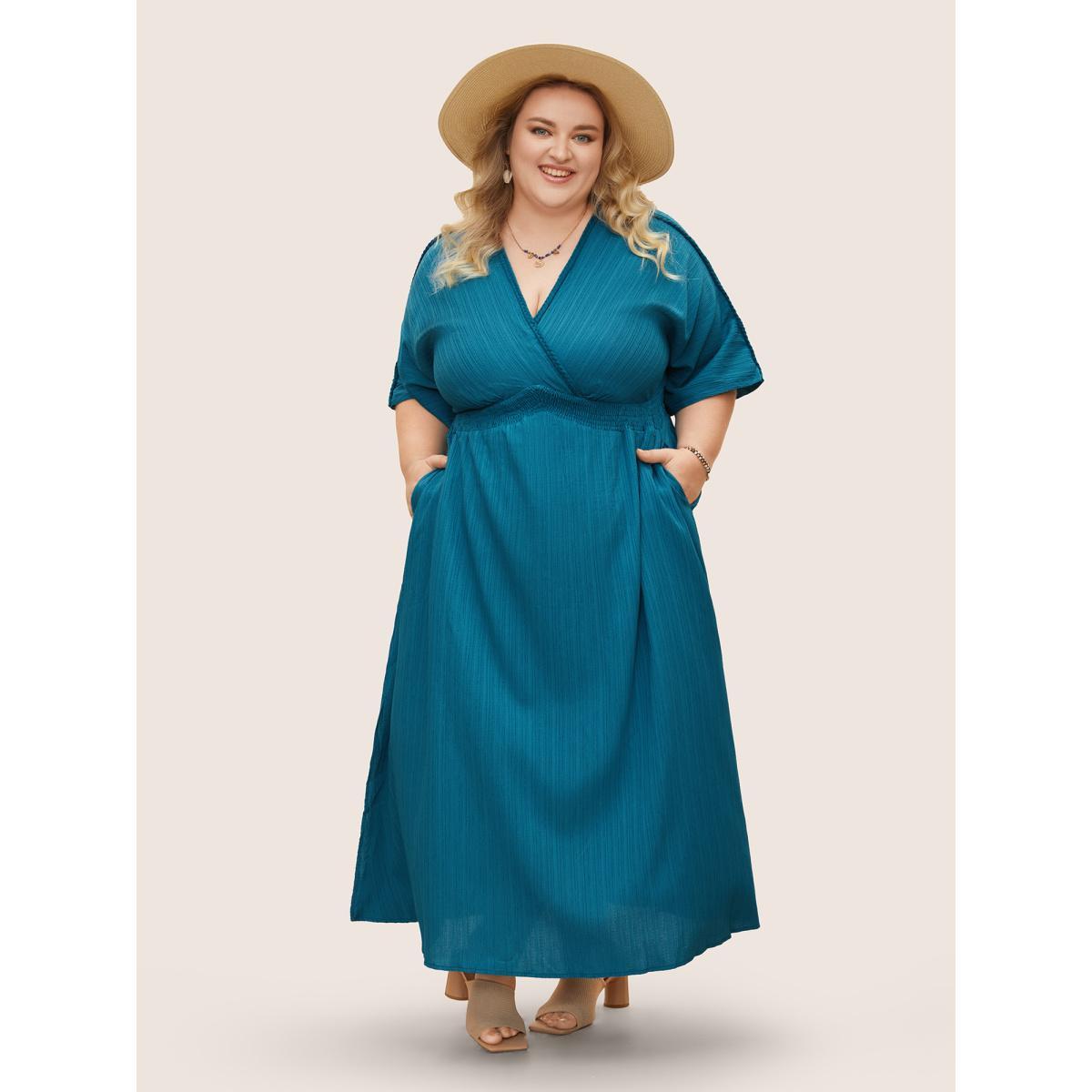 Plus Size V Neck Shirred Contrast Webbing Split Side Dress Aegean Women Resort Texture V-neck Half Sleeve Curvy BloomChic 10/M Product Image