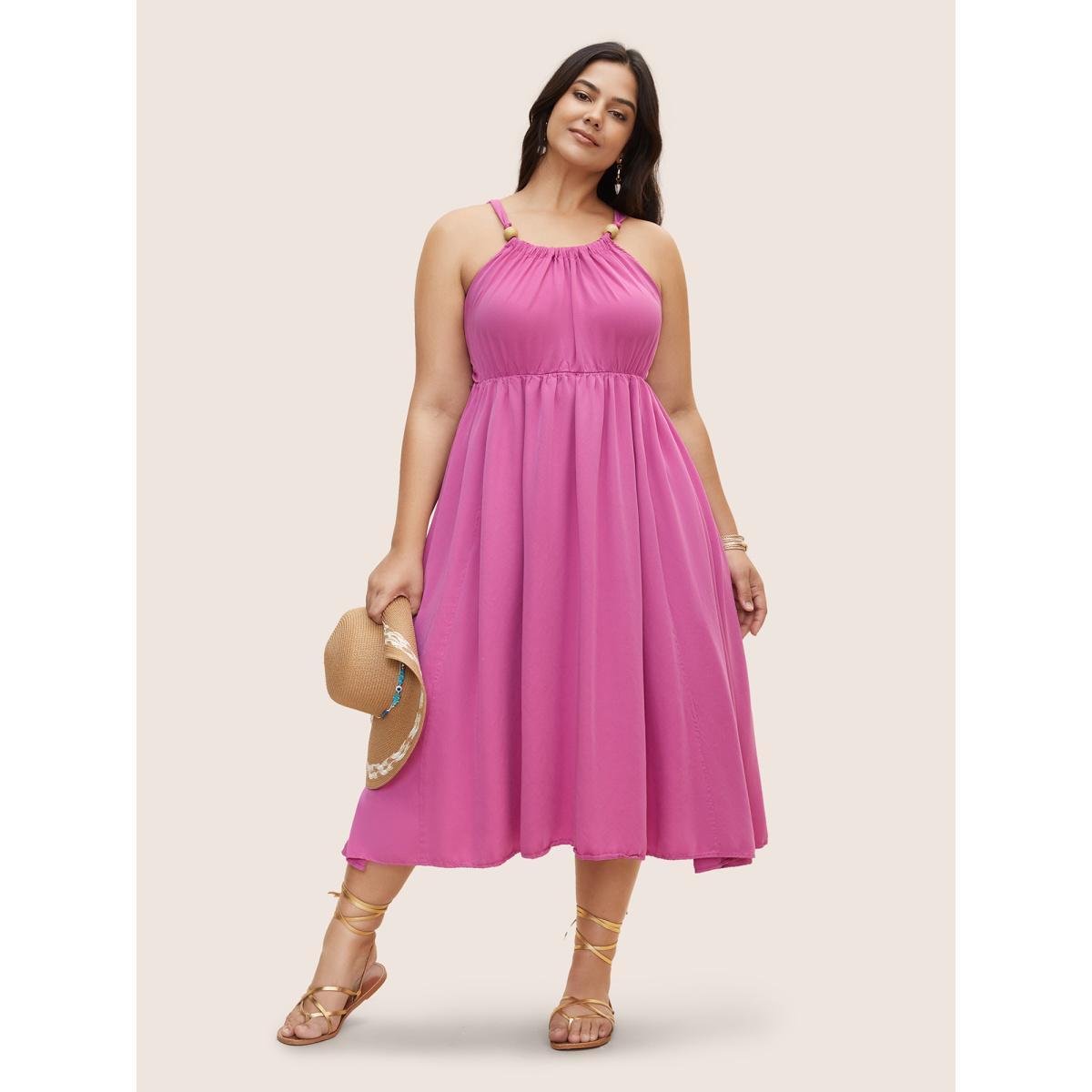 Plus Size Rayon Solid Tie Knot Gathered Dress Blush Women Resort Tie knot Non Sleeveless Curvy BloomChic 12/L Product Image