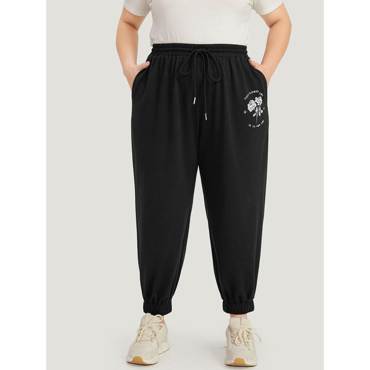 Floral Print Drawstring Elastic Waist Pocket Sweatpants Black Plus Size Women Casual Everyday Tummy control 12/L Bloomchic Product Image