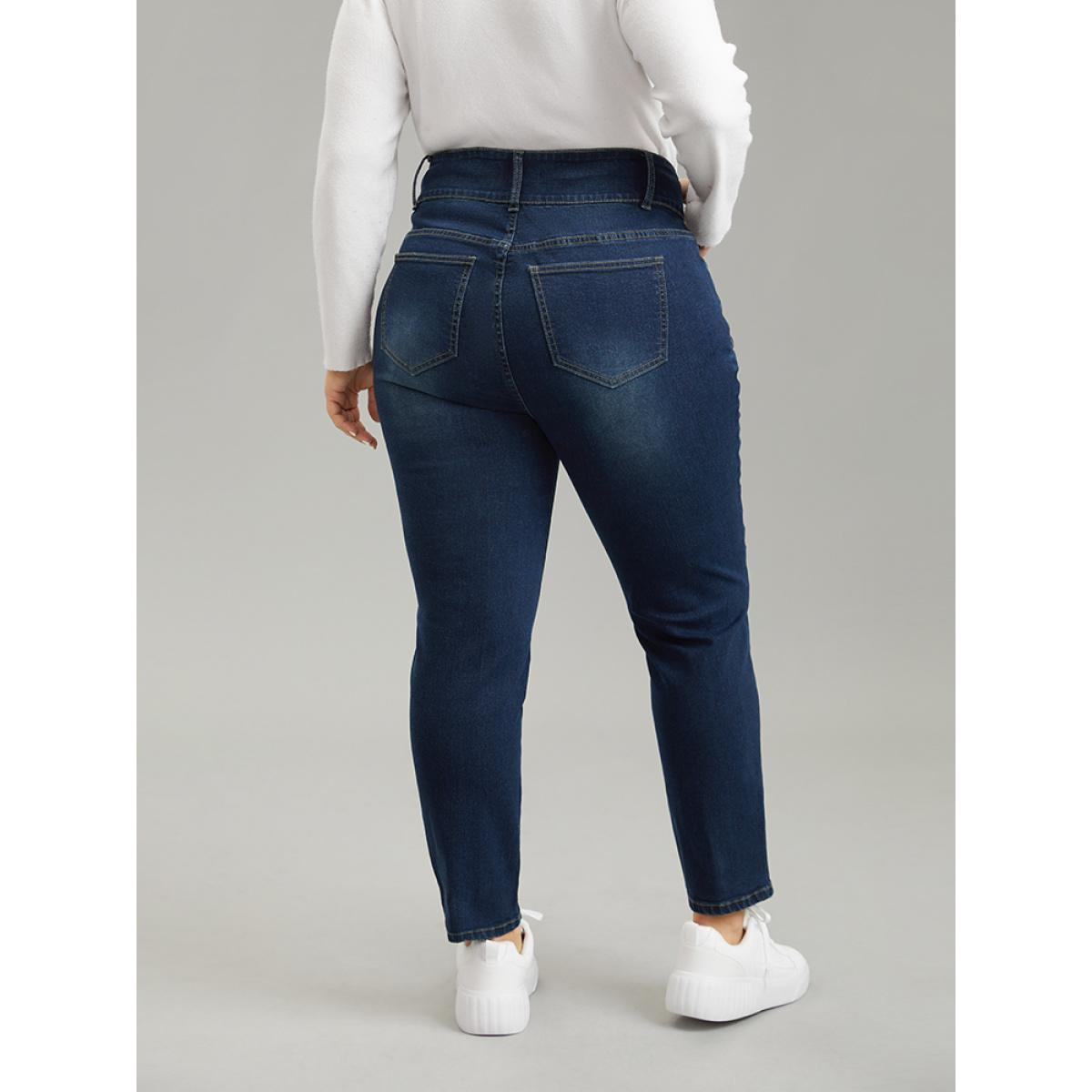 Plus Size Button Down Pocket High Rise Dark Wash Jeans Women Indigo Casual Plain Plain High stretch Pocket Jeans BloomChic 22/3X Product Image