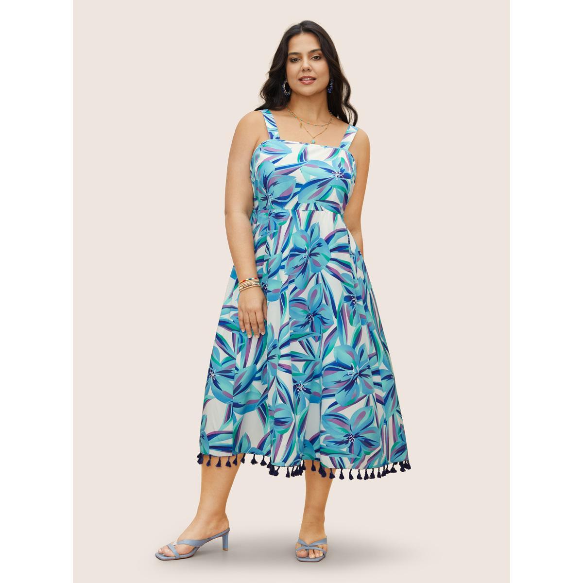 Plus Size Floral Tassel Trim Elastic Waist Pocket Dress Cerulean Women Resort Tie knot Non Sleeveless Curvy BloomChic 28/5X Product Image