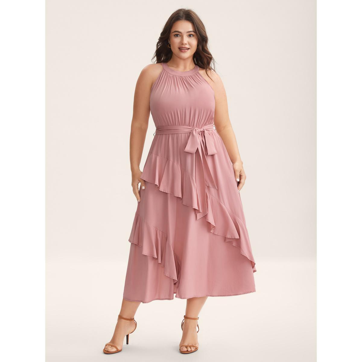 Plus Size Ruffled Halter Neck Solid Midi Dress Watermelon Women Halter neck Sleeveless Curvy BloomChic 30/6X Product Image