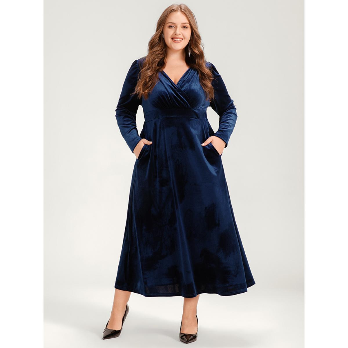 Plus Size Solid Pocket Surplice Neck Velvet Maxi Dress DarkBlue Women Party Pocket V-neck Long Sleeve Curvy Long Dress BloomChic 28/5X Product Image