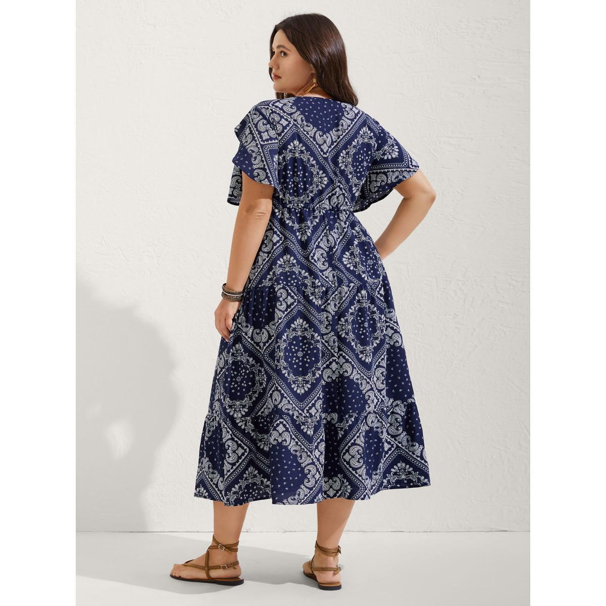 Plus Size Paisley Print Waist Drawstring Midi Dress Navy Women Petal edge V-neck Short sleeve Curvy BloomChic 14-16/1X Product Image
