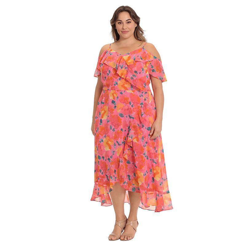 Plus Size London Times Cold Shoulder Ruffle Faux Wrap Dress, Womens Product Image