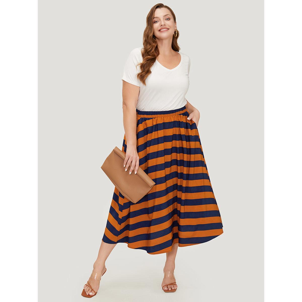 Plus Size Striped Print Ruffle Hem Pocket Skirt Women Multicolor Office Contrast Low stretch Pocket Work Skirts BloomChic 22-24/3X Product Image